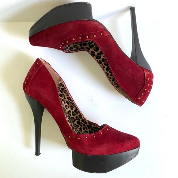 Abusiva Red Velvet Suede Platform Pumps High Heels Studded Leopard Size 6 - Picture 4 of 7